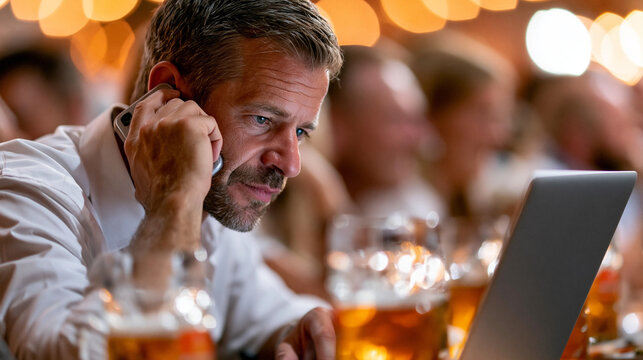 Ein nachdenklicher Mann telefoniert und schaut auf sein Notebook, umgeben von Bierkr&uuml;gen auf einem Tisch.