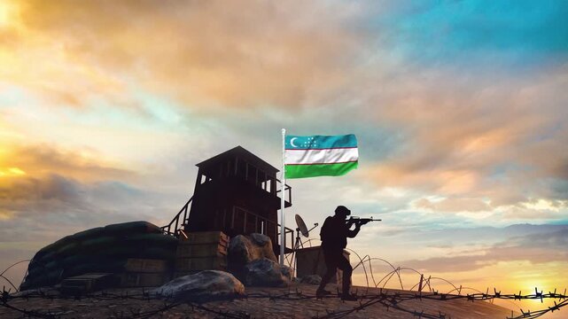 Uzbek soldier guarding border outpost with flag waving in motion video clip