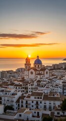 Obraz premium White buildings, blue dome church, coastal town bathed in golden sunrise glow