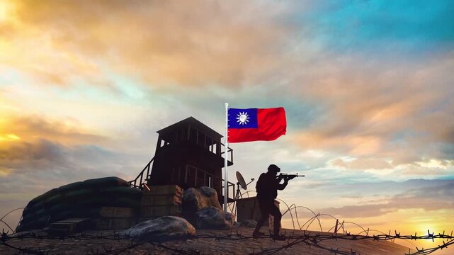 Soldier in silhouette defending an outpost with the Taiwan flag waving in motion video footage