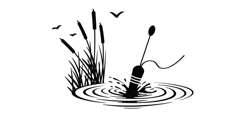 A bobber floating in the water, with soft concentric ripples around it and a fishing line. For Fishhook or fish hook concept. Fish wobbler. National go fishing day. Lisdodde or typha latifolia It is a