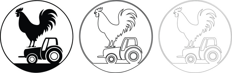 Minimalist farm tractor vector icon set featuring a rooster silhouette perched on agricultural machinery inside a circular emblem for country logo design © Nasima