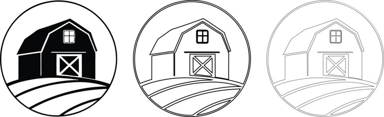 Minimalist farm barn vector icon set featuring a traditional farmhouse on a hill field inside a circular emblem for agriculture logo design © Nasima
