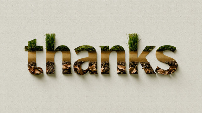 Das Wort "thanks" aus Buchstaben, die mit unterschiedlichen Texturen und Naturmaterialien gestaltet sind, auf hellem Stoffhintergrund.
