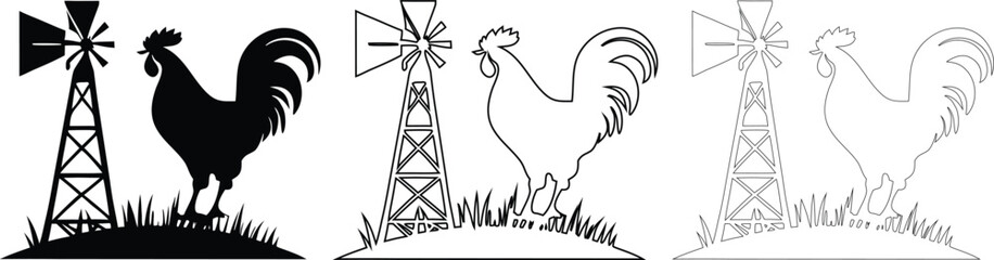 Minimalist rooster and farm windmill vector icon set featuring a cockerel silhouette on a grassy hill for country logo design © Nasima