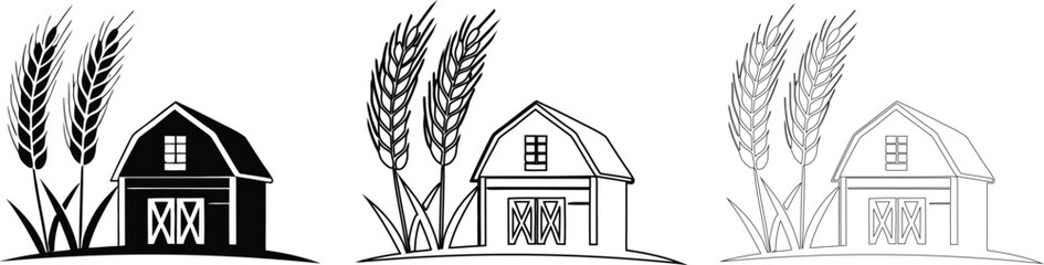 Minimalist farm barn vector icon set with wheat ears and crop stalks for agricultural business logo design © Nasima