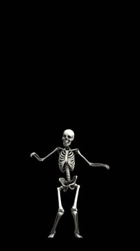 Seamless vertical video of a skeleton with a sensual dance isolated with alpha channel. Funny halloween background.