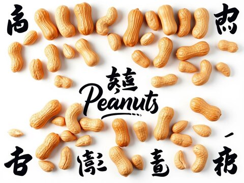 Peanuts arranged in elegant calligraphy pattern on a white background, minimalist, peanuts