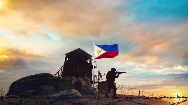 Filipino soldier silhouette guarding a military outpost with the national flag waving at sunset video