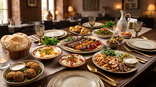 Assorted Middle Eastern Halal Dishes Displayed on Rustic Wooden Table in Warm Ambient Light