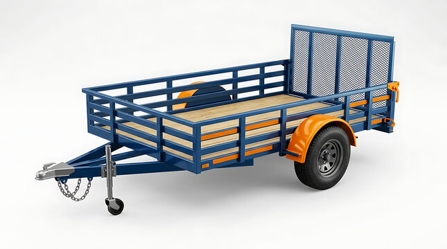 Blue utility trailer with wooden deck and orange wheels for transport transparent background