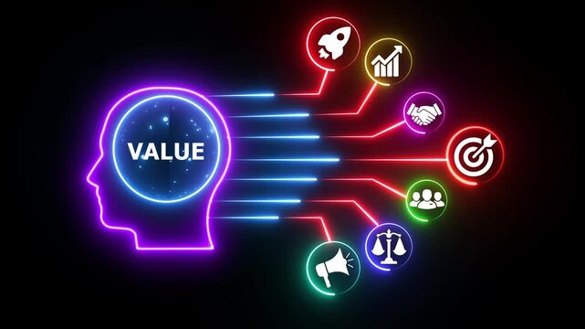 Value mind map neon lights showing business success elements.