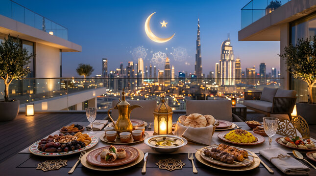 Ramadan iftar dinner feast on rooftop terrace with city skyline and crescent moon at dusk
