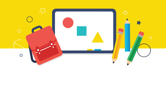 This flat vector illustration features a red backpack, colorful pencils, and a tablet with geometric shapes against a bright yellow and white backdrop.