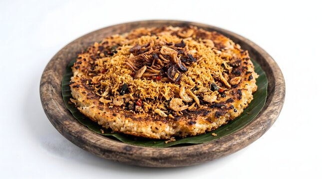 Traditional Betawi Kerak Telor Jakarta Street Food Sticky Rice Egg Dish Topped with Crispy Fried Shallots and Serundeng Coconut on Rustic Wooden Plate with Banana Leaf, Authentic Indonesian Cultural 