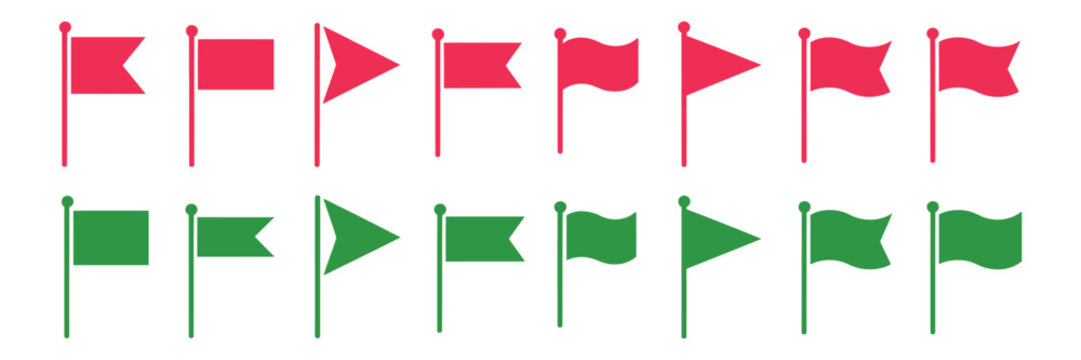 Flag icons, red and green flags on poles, various flag shapes, isolated transparent background, vector design elements.