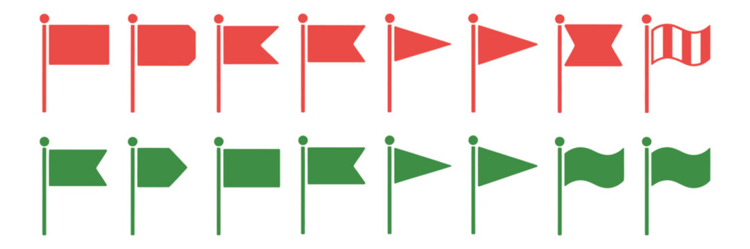 Flag icons, red and green flags on poles, various flag shapes, isolated transparent background, vector design elements.
