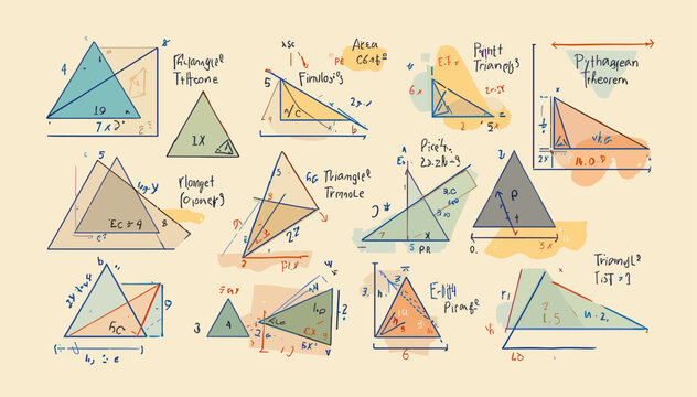 A comprehensive collection of hand-drawn geometric triangle diagrams with various formulas and mathematical annotations.