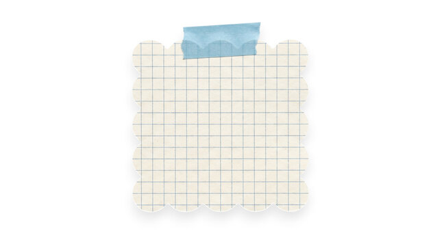 Blank scalloped grid paper note attached with blue masking tape on a transparent background