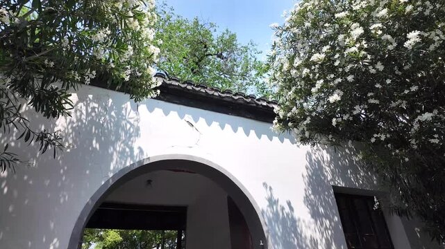 A serene courtyard in the Xuanwu District of Nanjing, featuring traditional architecture and vibrant greenery