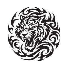 Fototapeta premium Fierce roaring tiger head silhouette inside circular tribal tattoo pattern