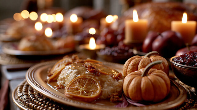 Eine elegante Festtafelszene mit gebratenem Gefl&uuml;gel, Kerzen und einem kleinen K&uuml;rbis in warmem Licht.