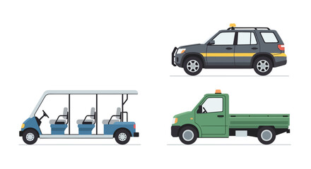 Fototapeta premium Vehicles are parked including a green truck a taxi and golf cart in a warehouse loading area