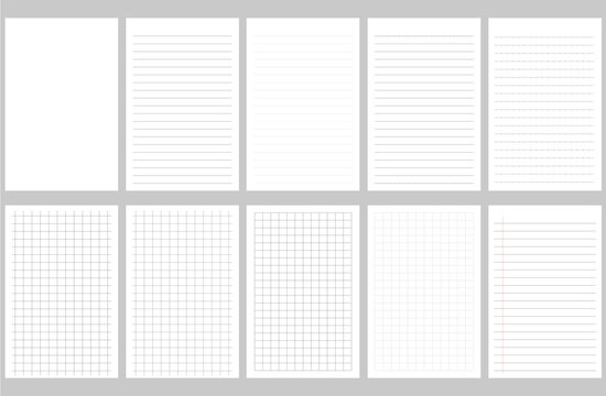 Notebook, loose-leaf paper, and memo pad set: grid, ruled, and dotted lines.