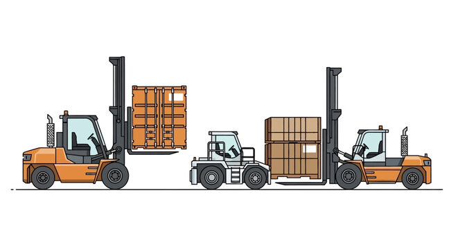 Forklifts are loading and unloading cargo containers in a warehouse setting with industrial vehicles.