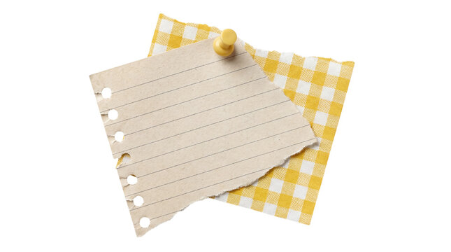 Torn lined notepad paper pinned to yellow gingham fabric on a transparent background