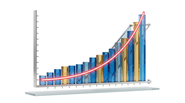 Rising bar graph with glass pillars and glowing neon red trend line isolated on transparent background png.