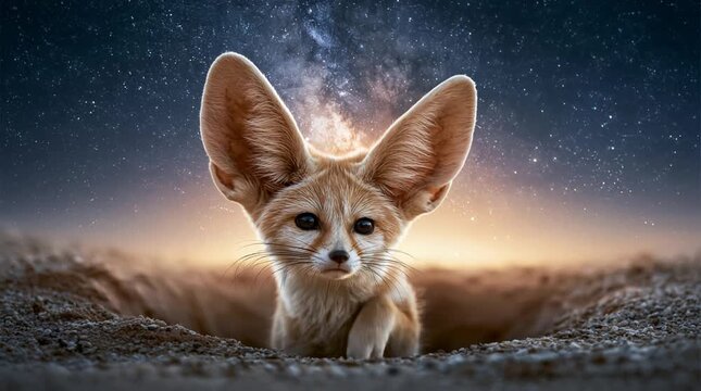 Fennec Fox with Huge Ears Under Milky Way Night Sky in Sahara Desert