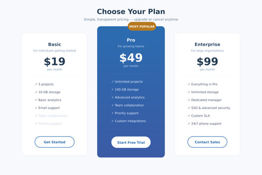  Pricing Table Template &mdash; Three Tier Subscription Plan Comparison with Features and Call to Action