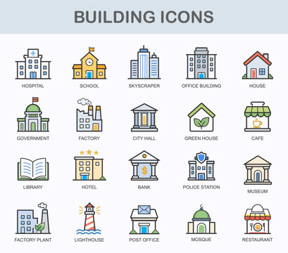 Modern Building Icons Set Flat Line Design Vector Collection