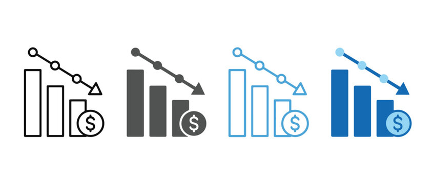 Lower expenses icon set. declining bar chart with dollar symbol. cost reduction and financial savings concept. vector illustration. new