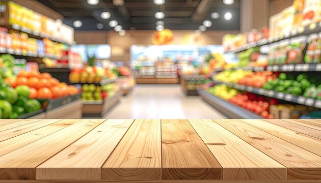 Wooden Table Surface in Blurred Supermarket Aisle with Fresh Produce.