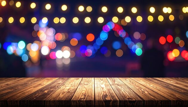 Wooden Table Surface with Blurred Festive Bokeh Lights Background.