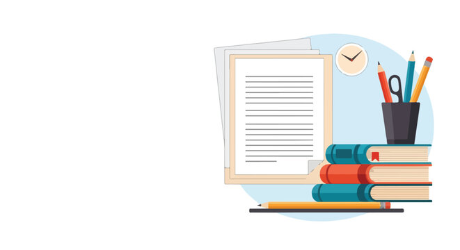 A clean vector illustration showcasing a workspace with a stack of colorful books, a document folder, a clock, and a cup full of pencils.