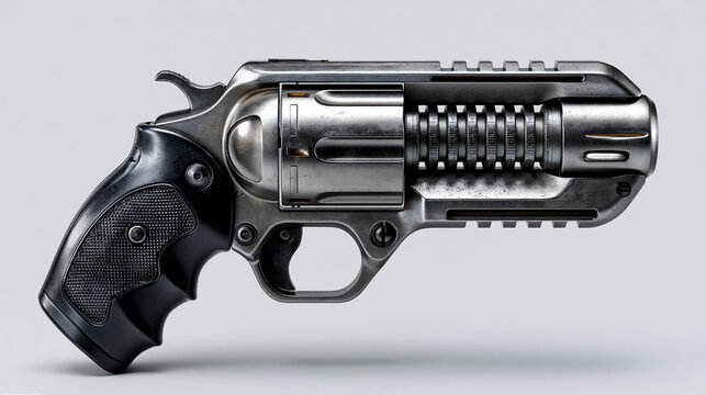 Eine futuristische metallische Revolverpistole mit modernem Design vor wei&szlig;em Hintergrund.