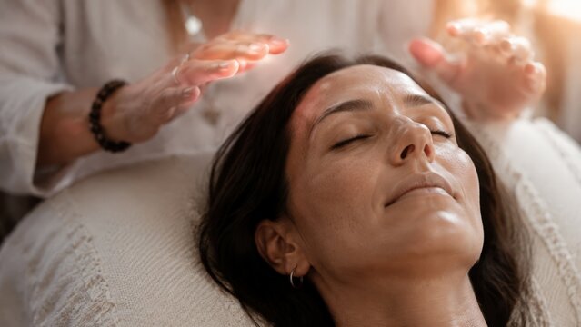 A reiki practitioner gently rests hands on the forehead of a woman lying down, facilitating a session focused on meditation and relaxation
