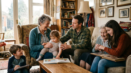 Fototapeta premium A family with children and elderly woman sitting on couch in living room