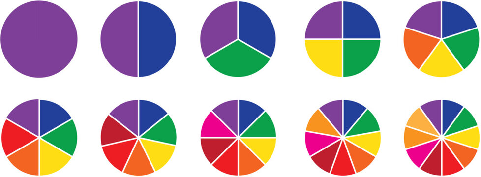 Pie chart color icons. Segment slice sign. Circle section graph. Set of colorful pie charts. Colorful pie charts with varying segments. Circle chart,