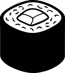 Simple black and white icon of a sushi roll, maki style, isolated on white background. © Cimong