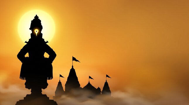 Lord Vitthal statue silhouette against golden sunset sky with holy temple spires copy space for Ashadhi Ekadashi devotional web banner