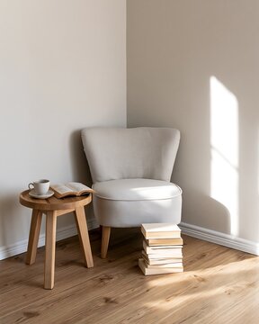 Cozy reading corner with armchair, books, coffee