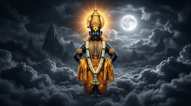 Lord Vitthal full body deity standing amidst dark clouds under a bright full moon and temple spires for spiritual festival poster design