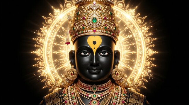 Lord Vitthal close up face portrait with golden crown and glowing halo light background for Ashadhi Ekadashi festival commercial banner