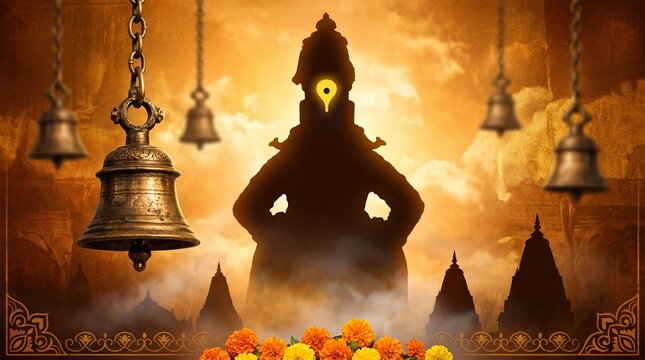 Lord Vitthal silhouette with hanging temple bells and marigold flowers in golden mist for Ashadhi Ekadashi festival greeting background