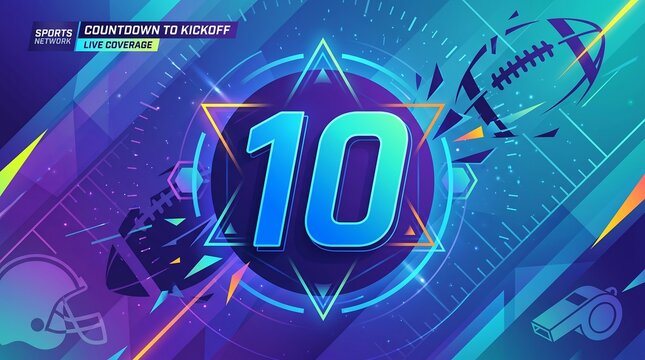 Sports countdown animation concept shows football players preparing for kickoff on field
