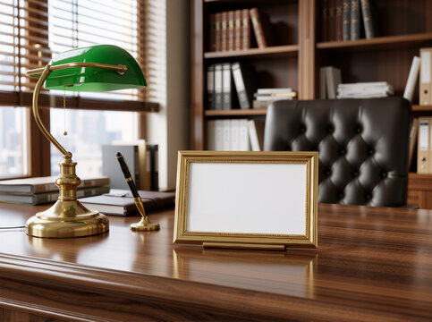 Resting on a polished dark wooden desk, a blank gold-framed nameplate offers a canvas. Beside it, a classic banker's lamp with a green shade adds elegance. The blurred executive office background, fea